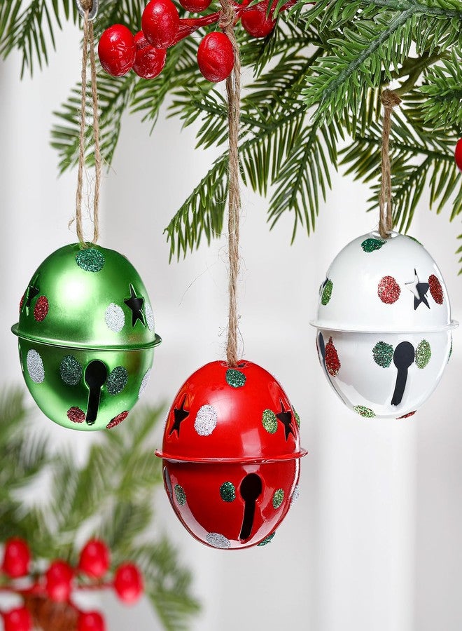 Simgoing 12 Pcs Large Christmas Jingle Bells with Ribbon 2.4 Inch Metal Cutout Craft Bells Lime Green Glitter Dot Red Green Christmas Tree Ornaments Xmas Hanging Decor for Holiday Wreath Garland DIY Decor - Image 3